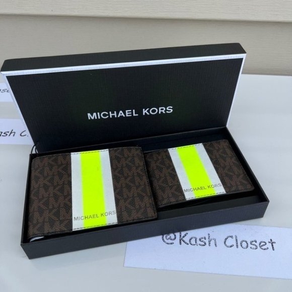 Michael kors Men Wallet Card Case Gift box set Brown/Neon - Picture 1 of 6